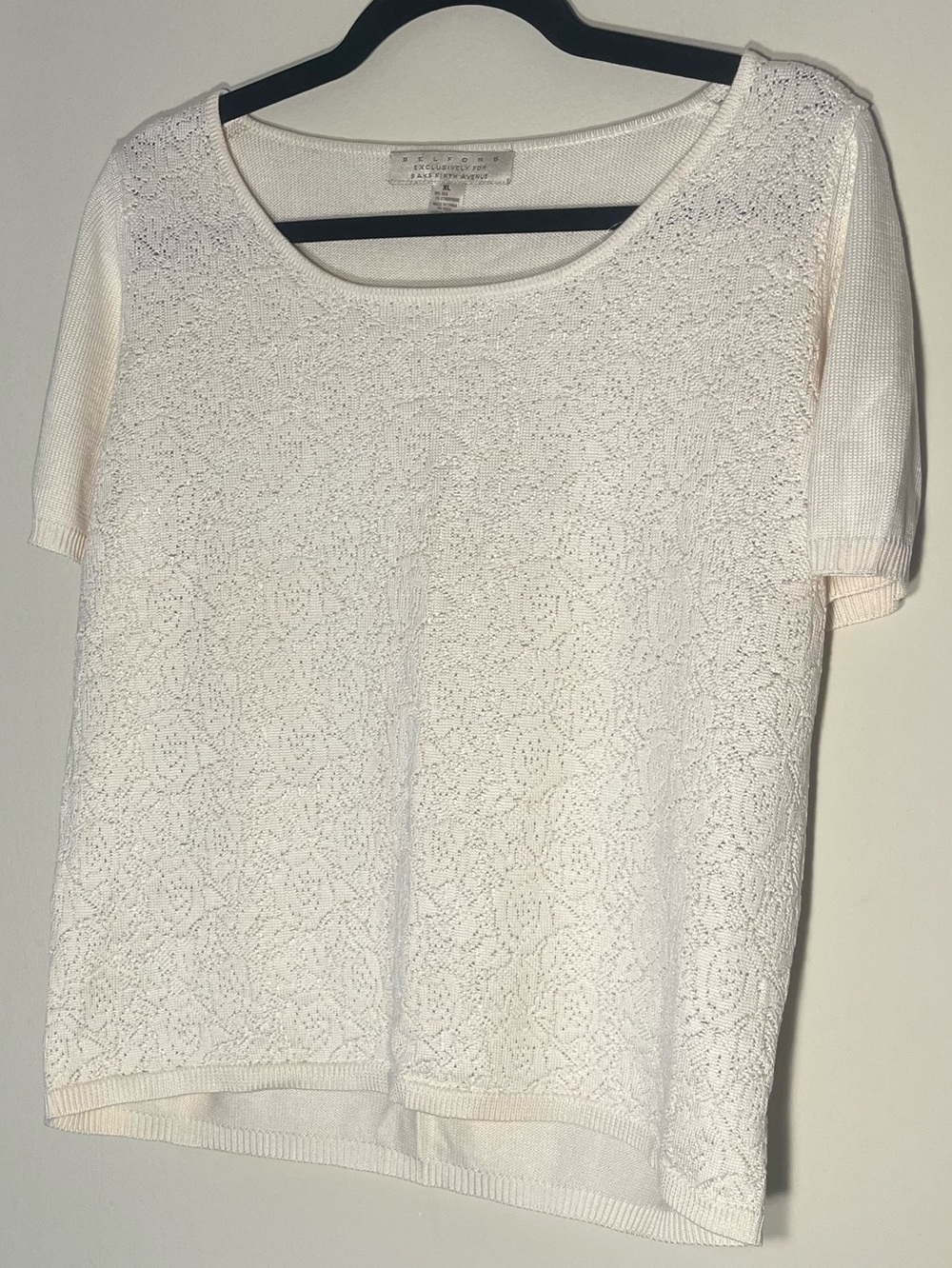 Belford x Saks | Silk Cream Lace Short Sleeve Quiet Luxury Top Blouse XL